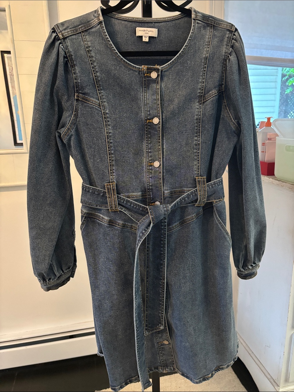 Habitual Dark Blue Denim Button-Front Dress with Tie Belt